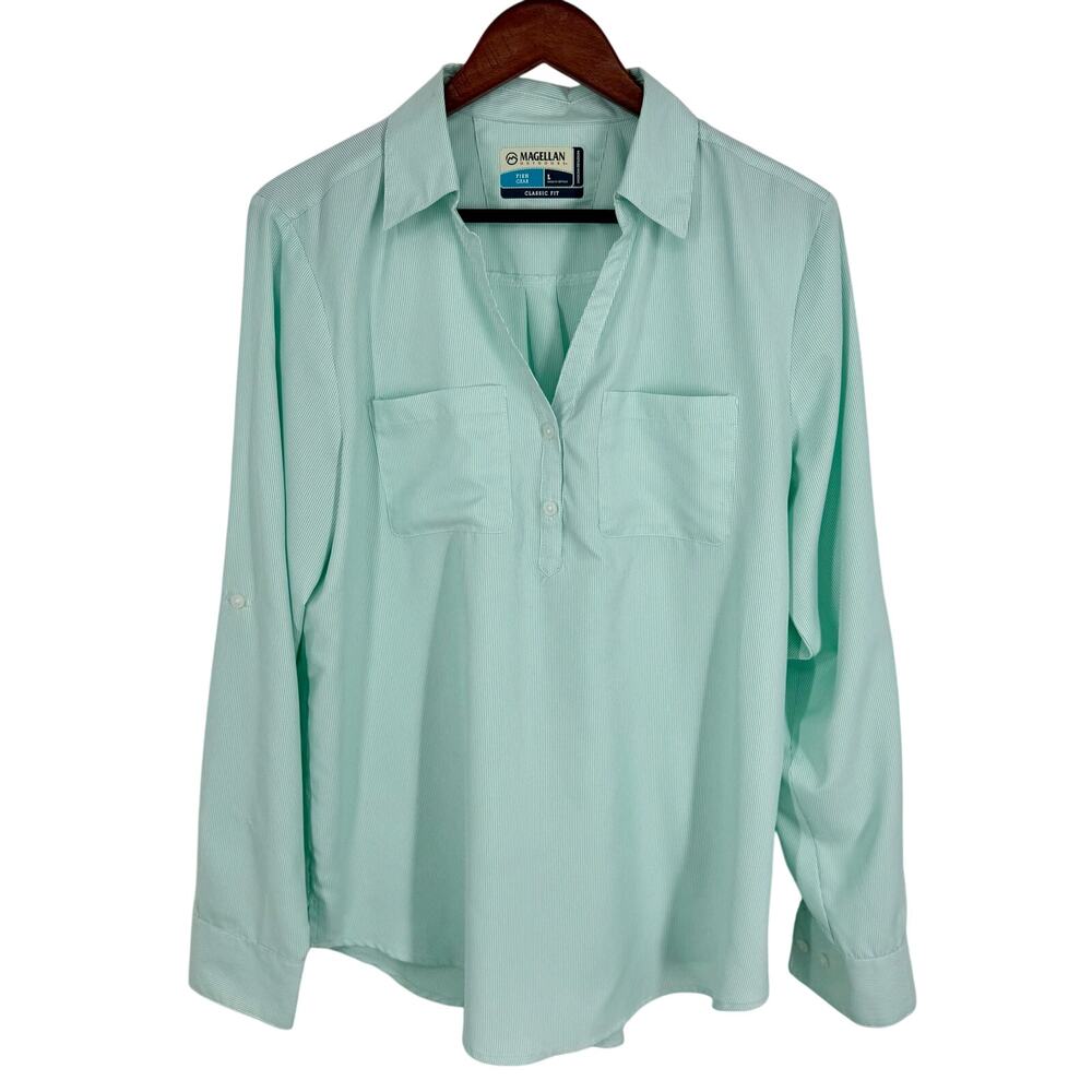 Magellan Outdoors Womens Large Seafoam Green Fish Gear Blouse Shirt Top Summer